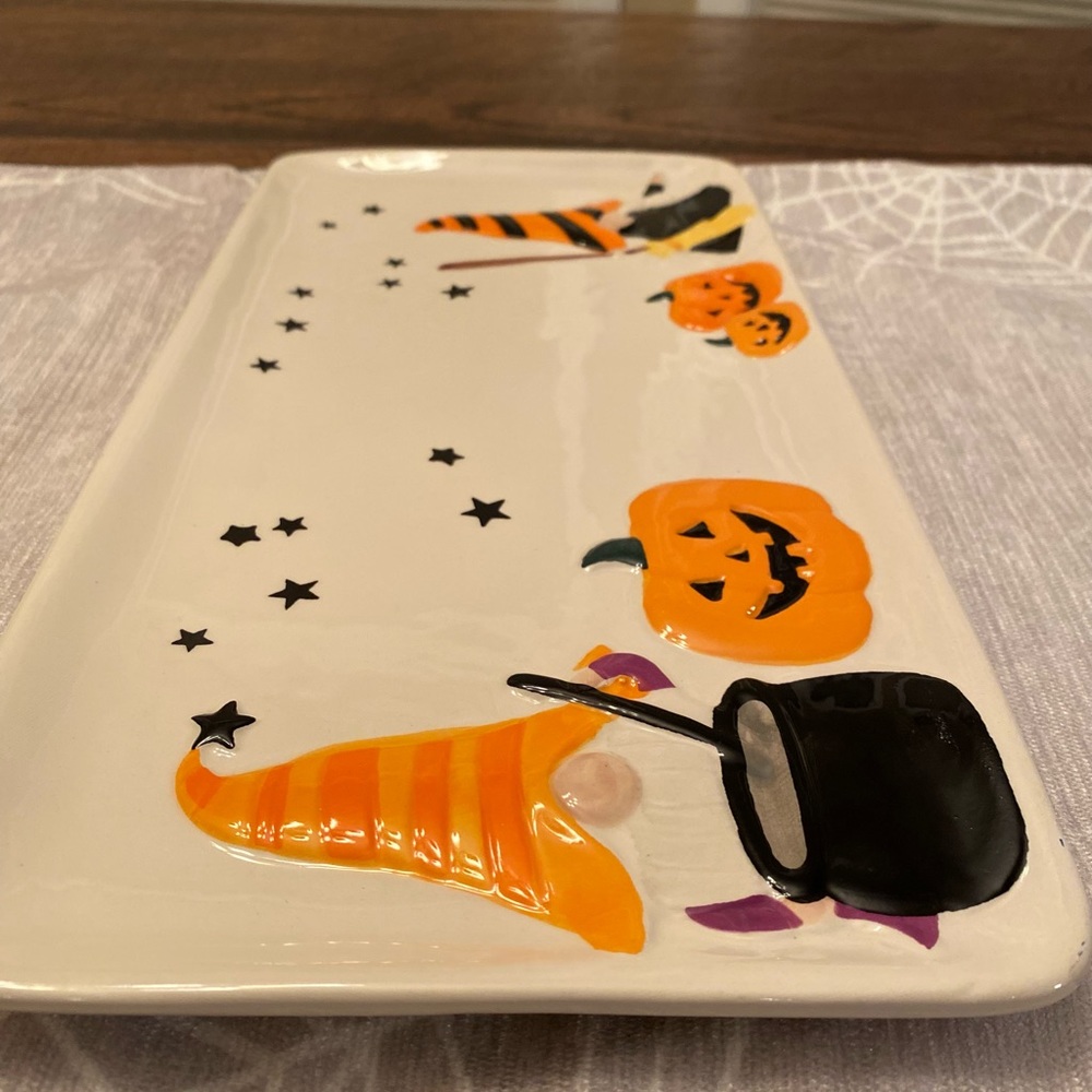 Halloween Gnome Platter, Witch Gnomes Jack-O-Lanterns Cauldrens Ceramic Platter - Picture 9 of 13